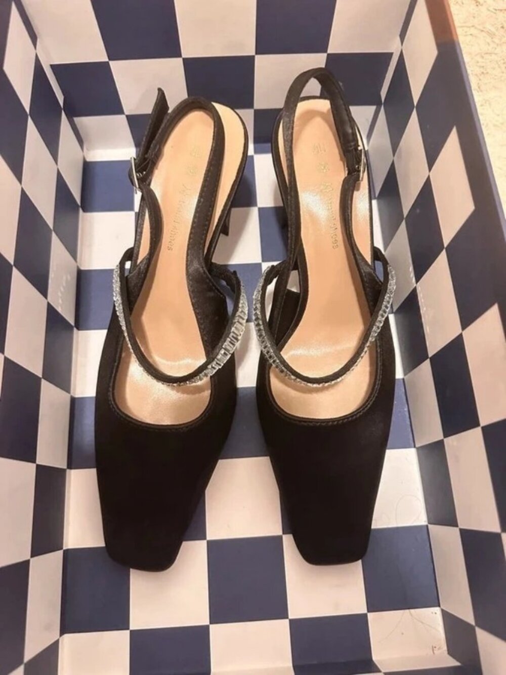 Black Satin Slingback Heels with Crystal Strap